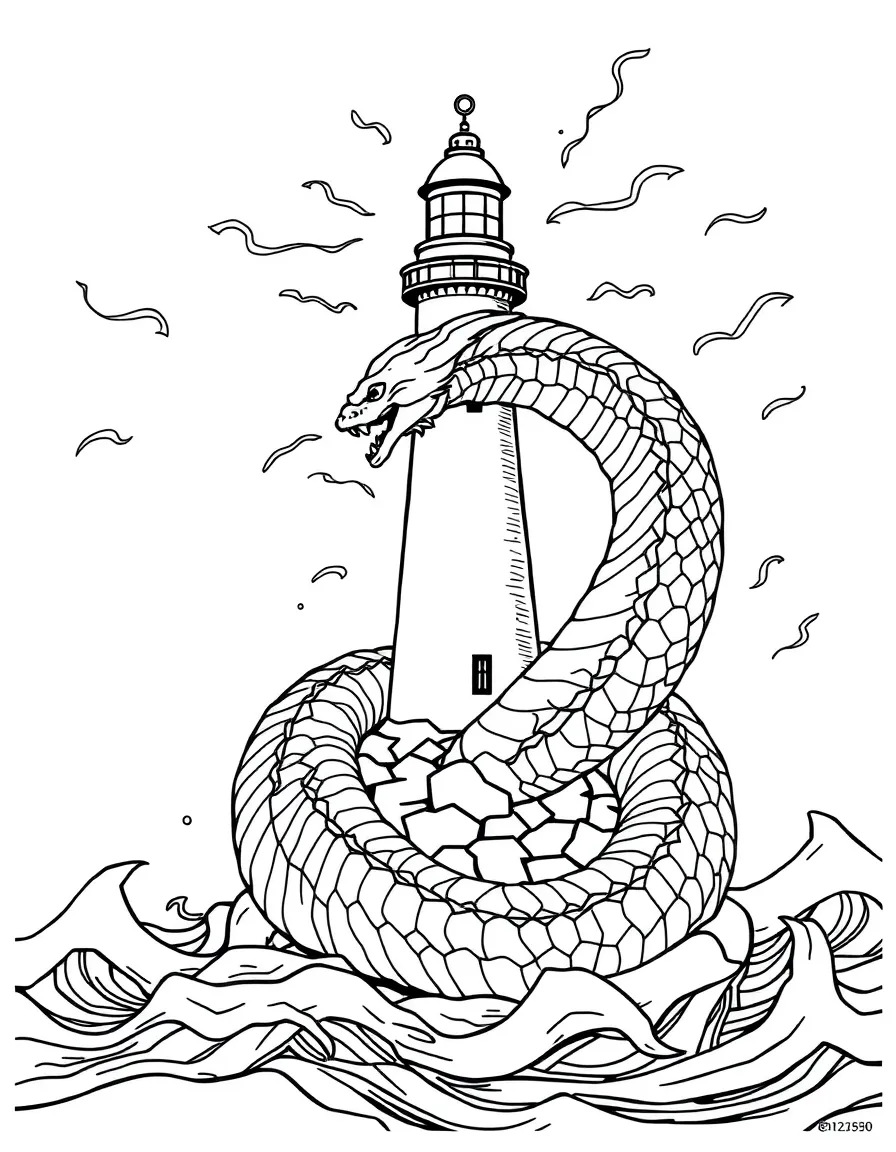 A sea serpent coiled around a lighthouse in a storm