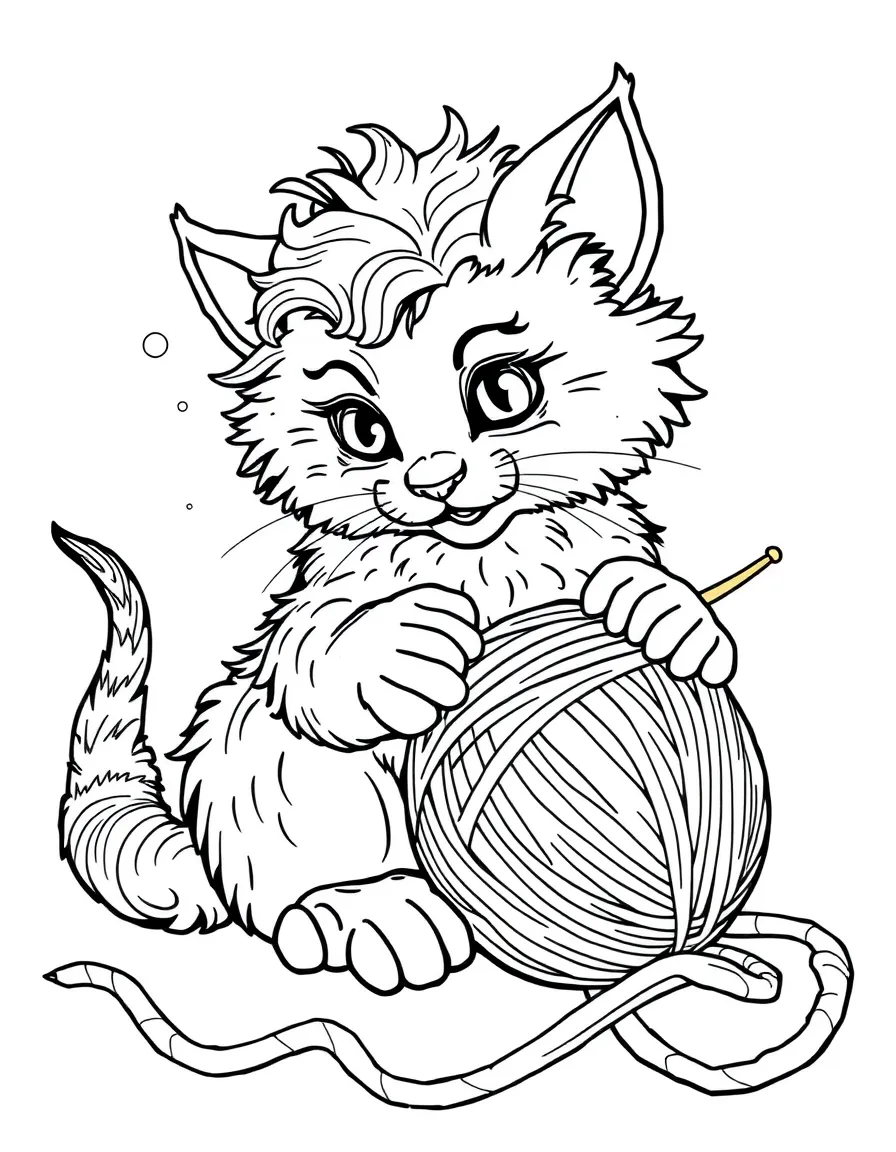 A manticore playing with a magical ball of yarn like a kitten