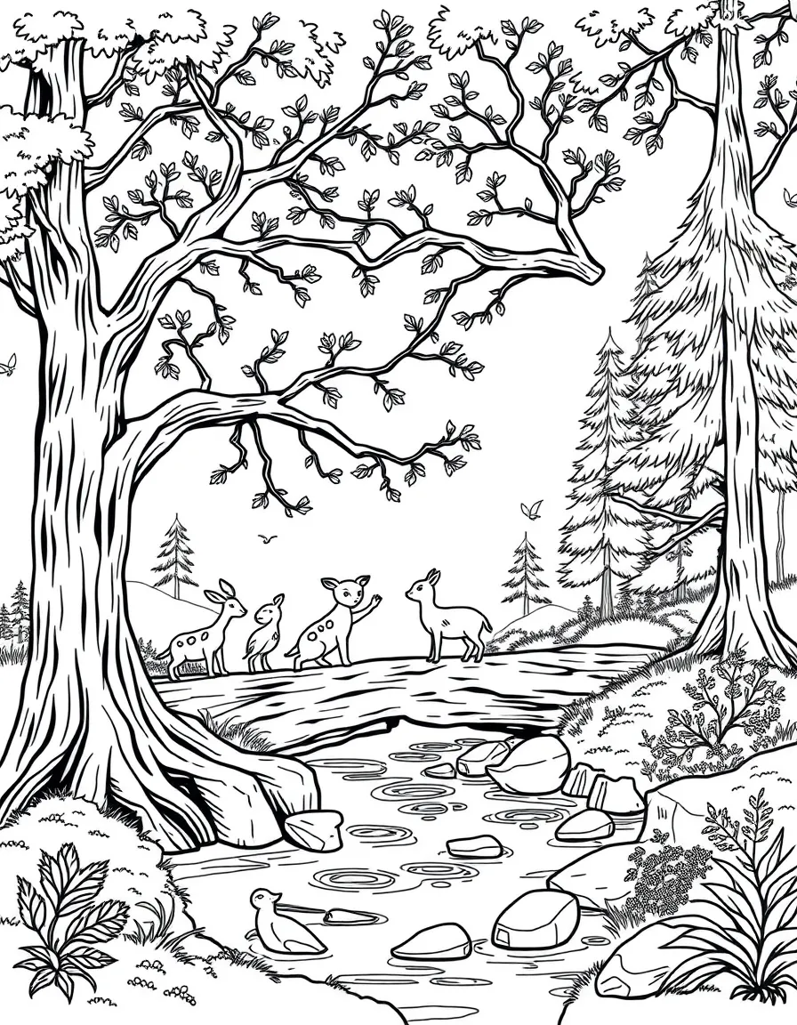 A tree ent helping forest animals cross a stream