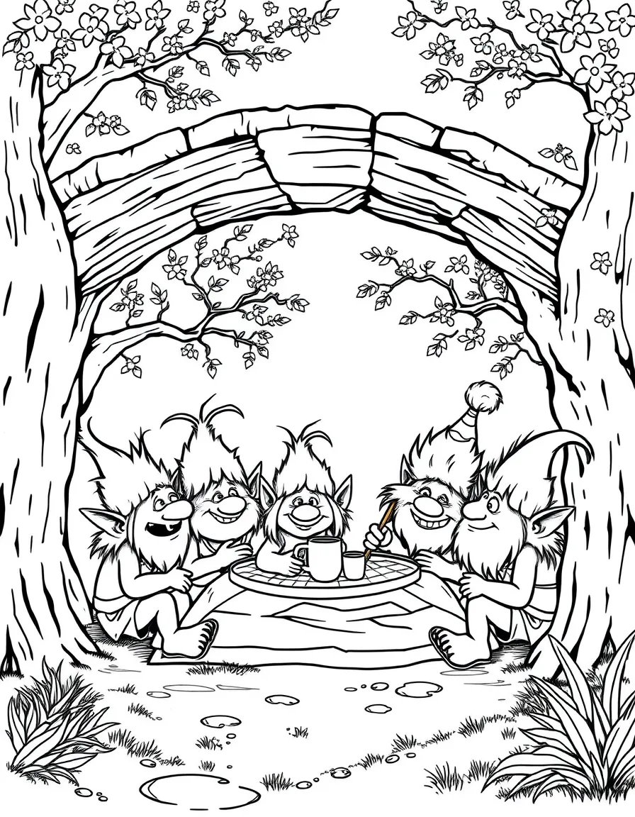 A family of trolls having a picnic under a bridge