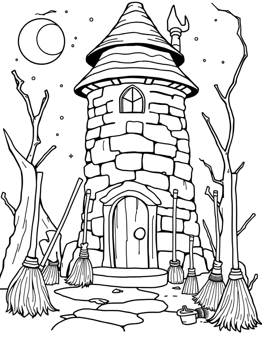 A collection of animated brooms cleaning a wizard's tower