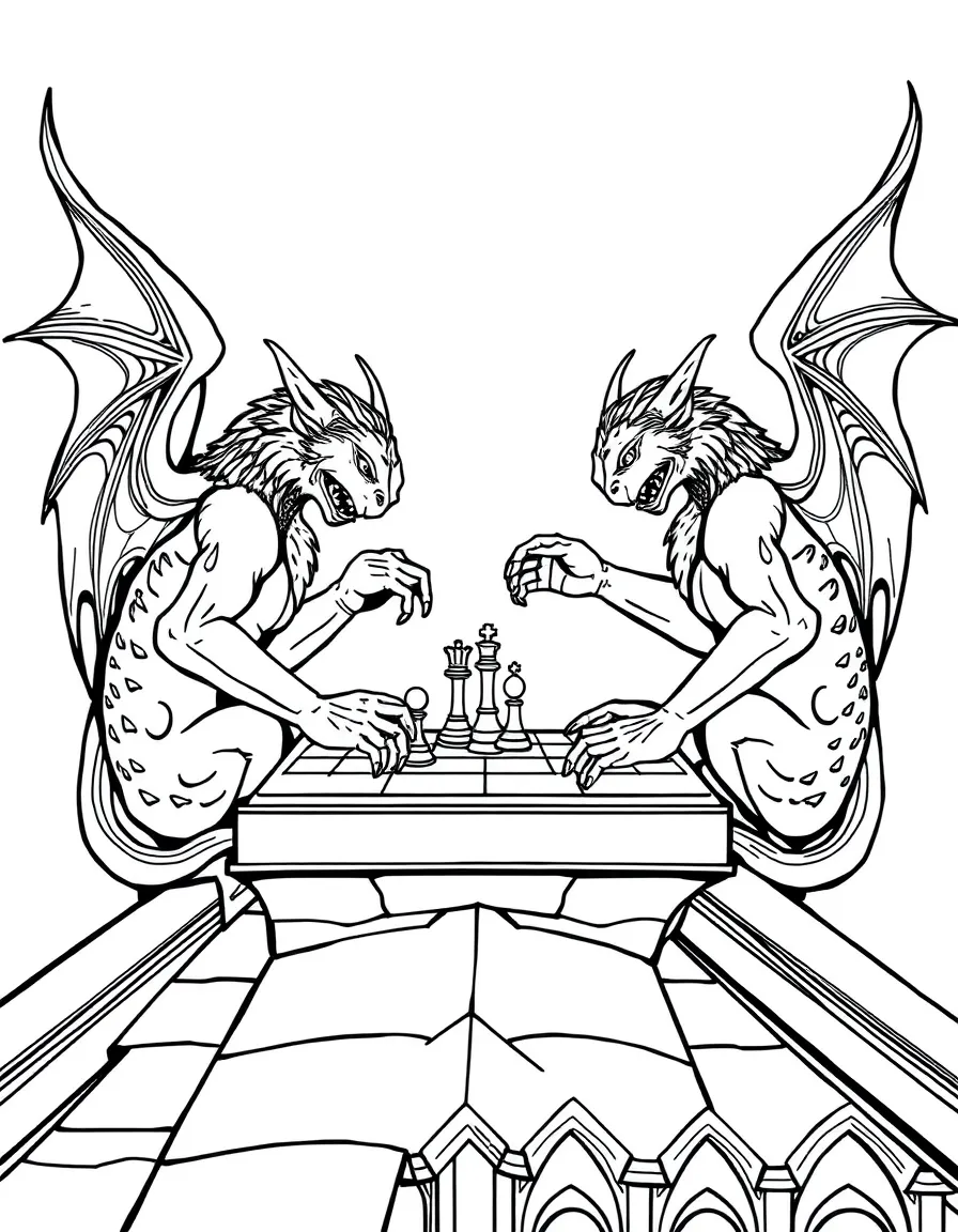 A pair of gargoyles playing chess on a cathedral roof
