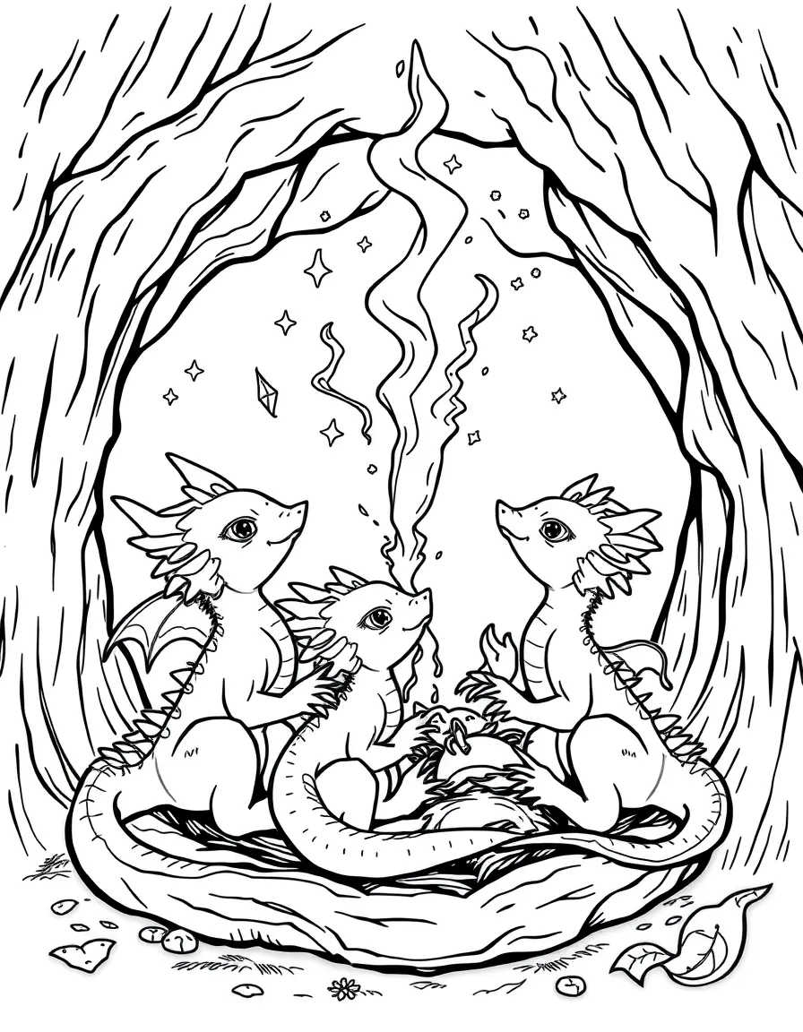 A nest of baby dragons learning to breathe different types of magic