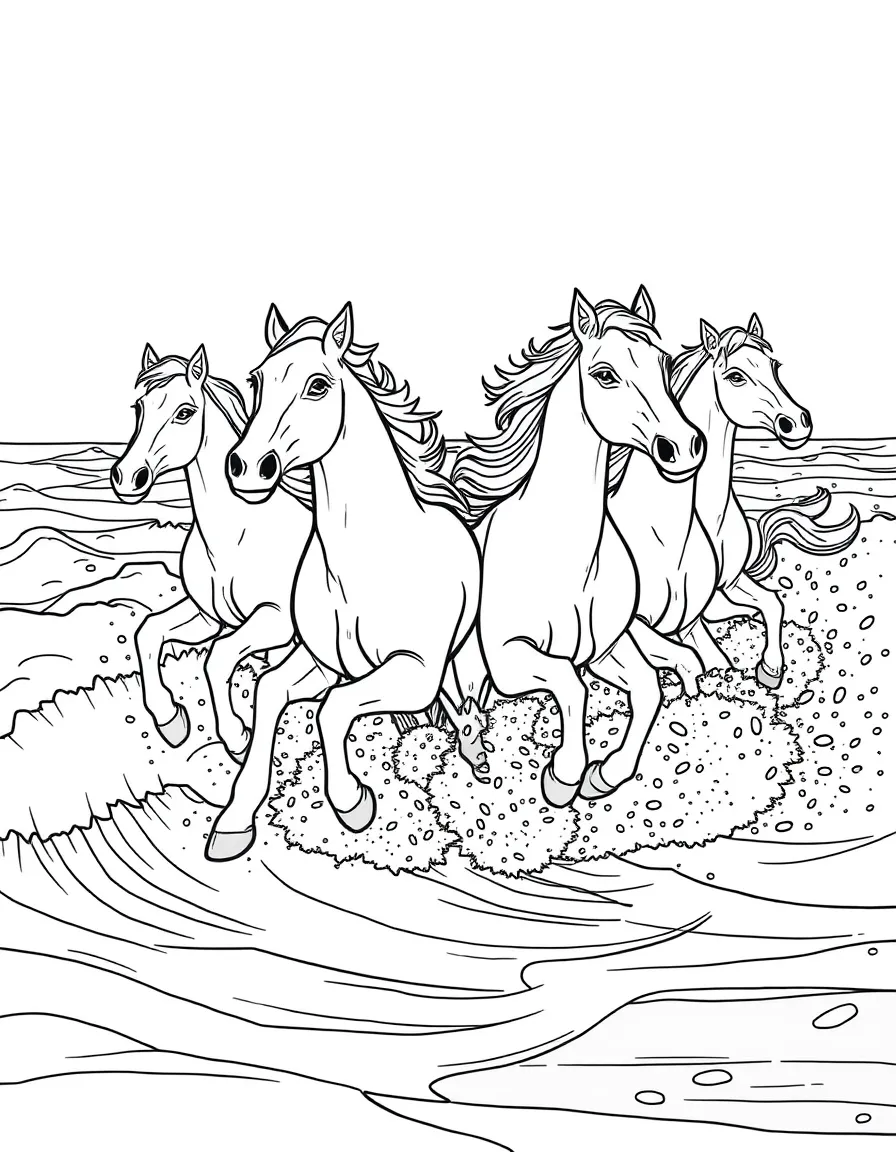 A herd of kelpies galloping through waves at the shoreline