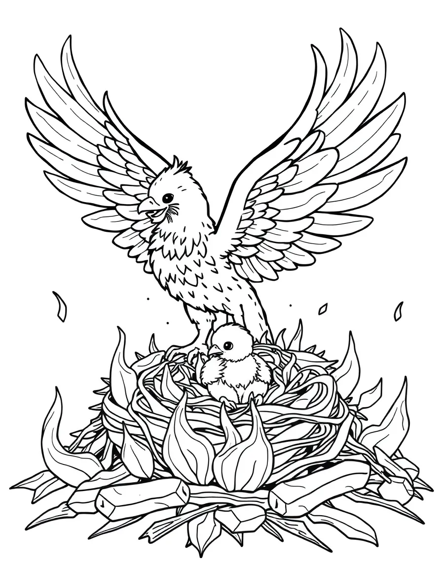 A phoenix reborn as a tiny chick in a nest of embers