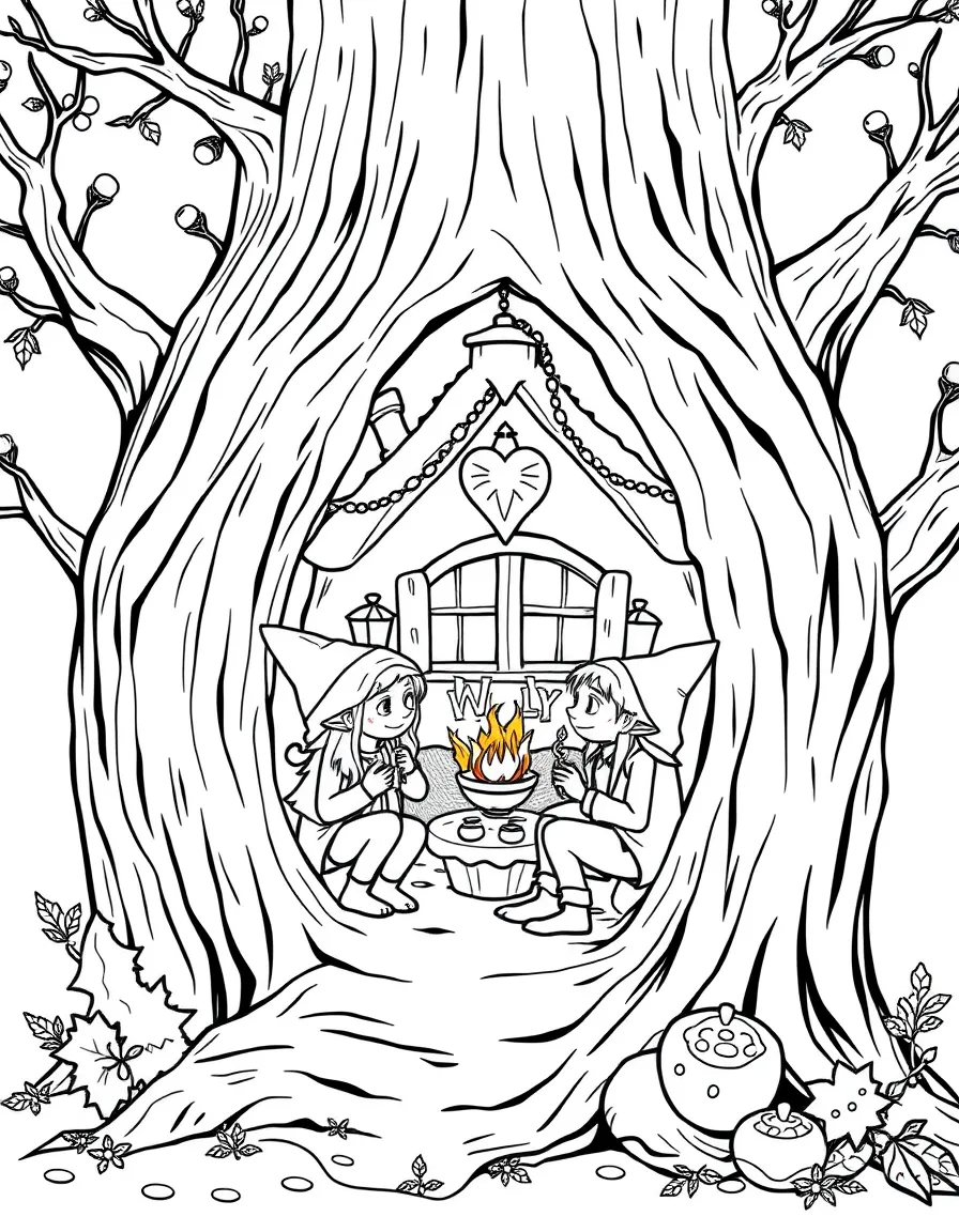 A family of house elves decorating their tiny home inside a hollow tree