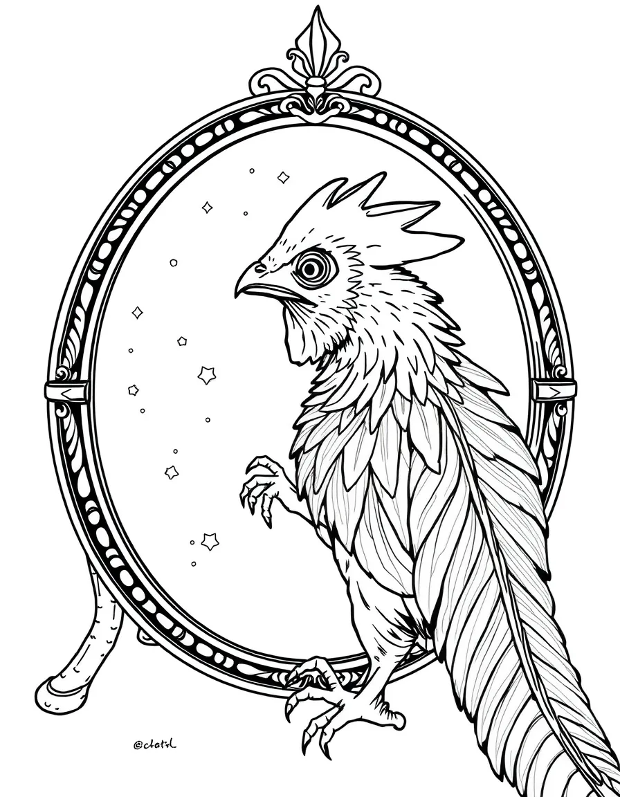 A cockatrice admiring its reflection in a magical mirror