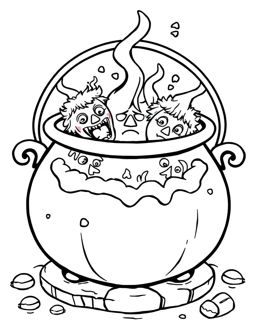 A cauldron with faces forming in the bubbling potion