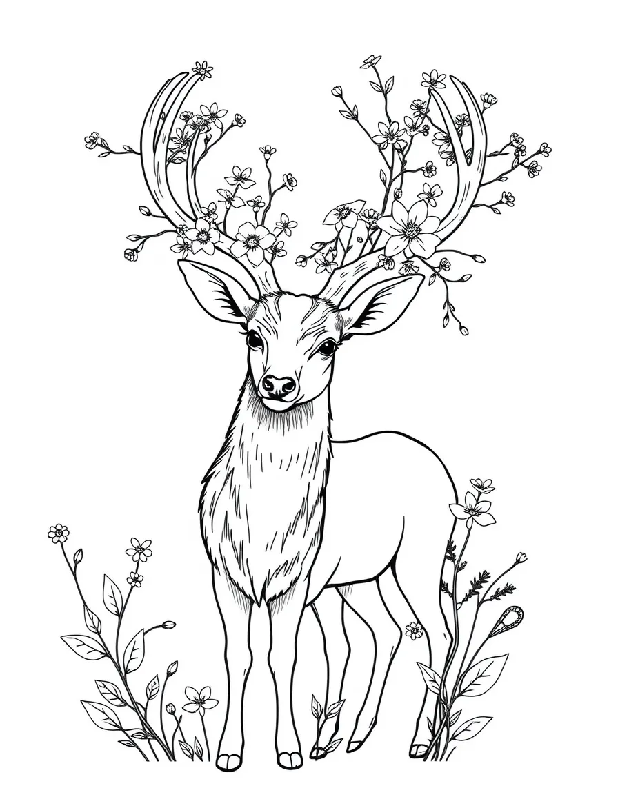 Deer with branches and flowers growing from their antlers