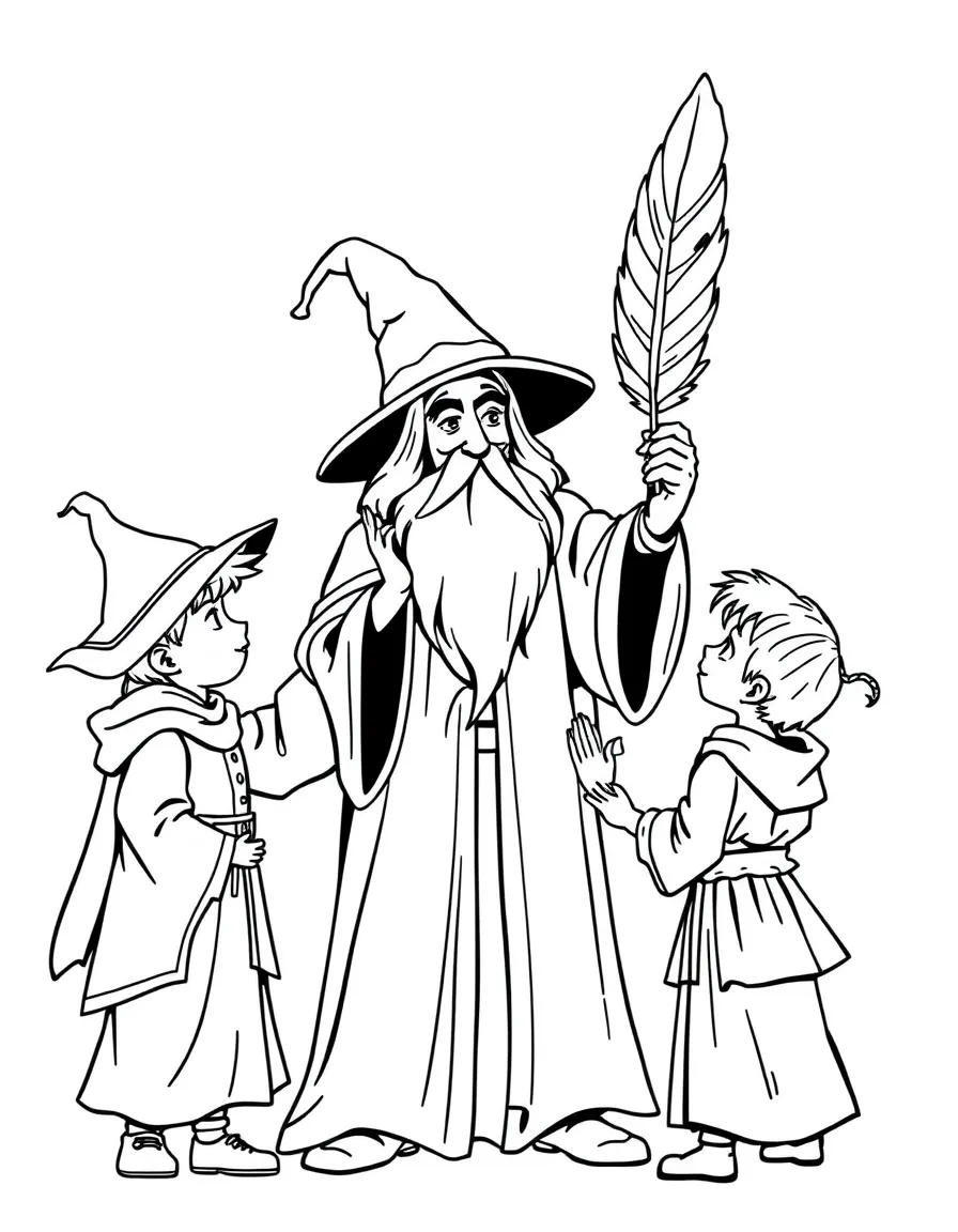 A wizard teaching young apprentices how to levitate feathers