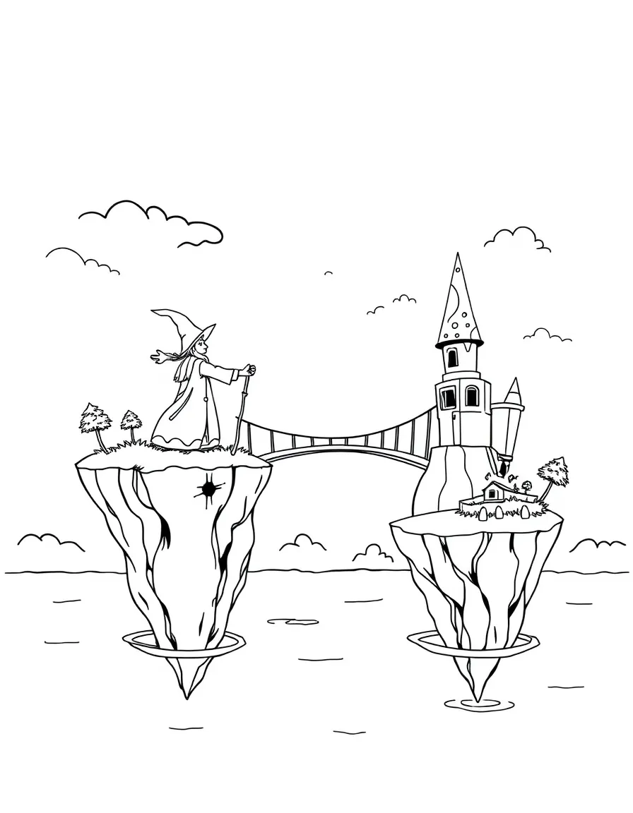 A wizard bridge builder connecting two floating islands with rainbow spans