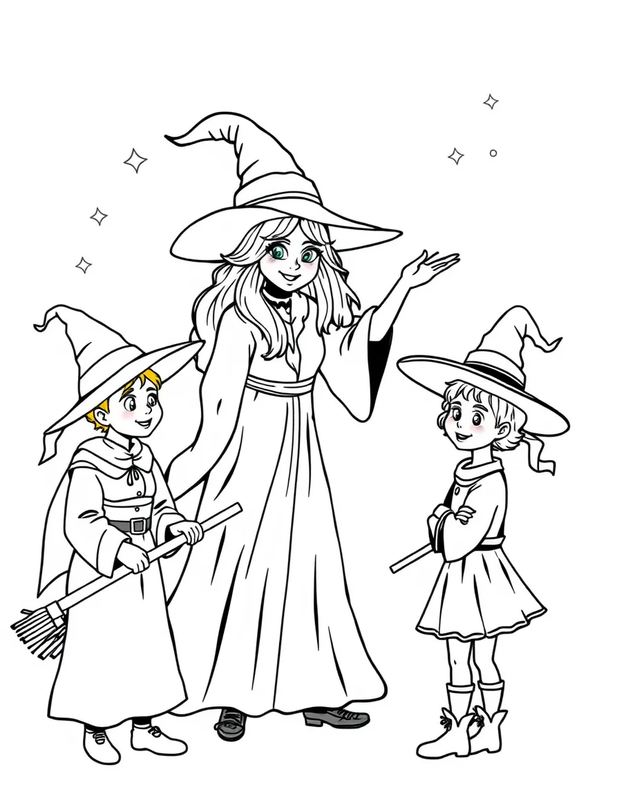 A witch teaching young apprentices how to fly on broomsticks