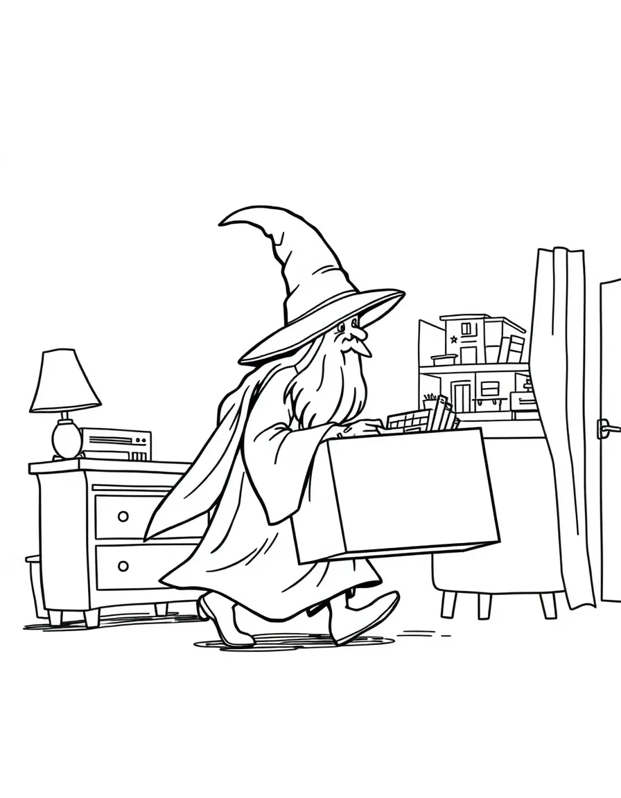 A wizard's moving day with furniture walking itself to the new home