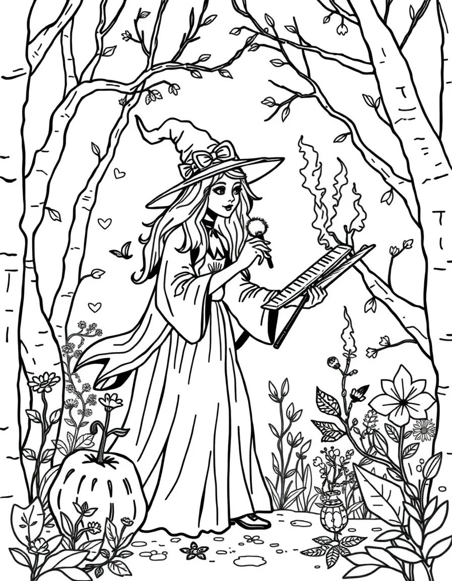 A witch conducting a symphony of natural sounds in the forest