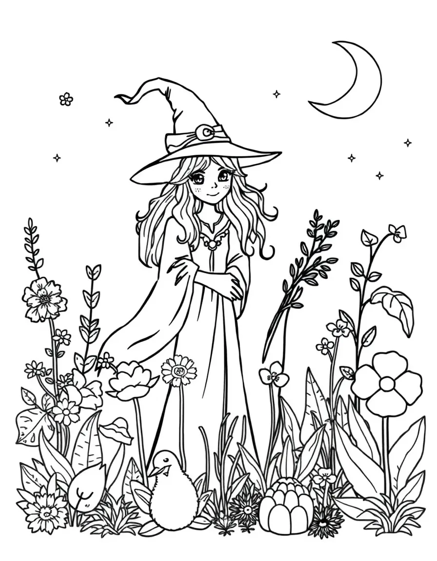 A witch helping magical plants and animals coexist in a garden