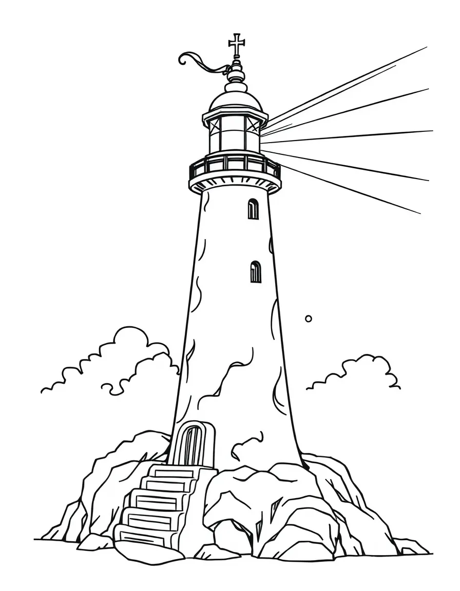 A wizard's lighthouse that guides lost souls with rainbow beams