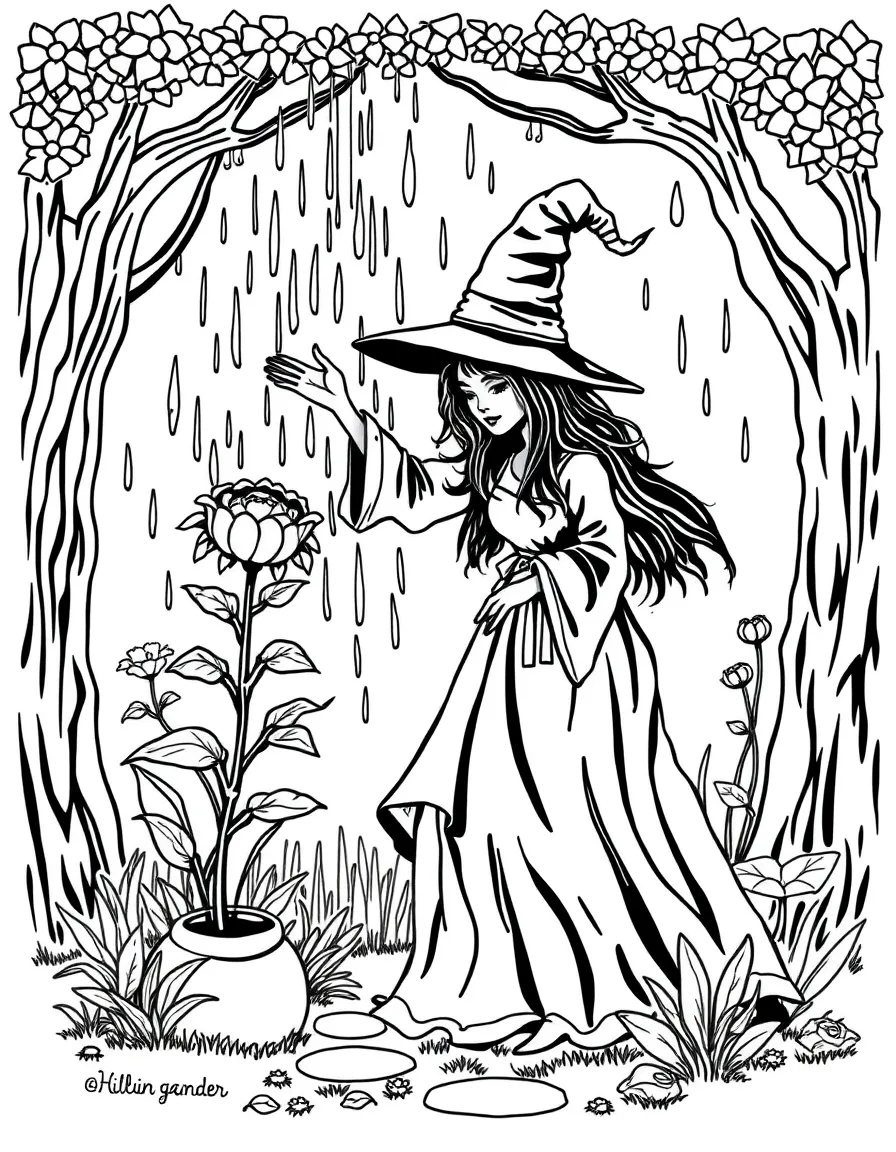A witch summoning gentle rain for her garden with a special dance
