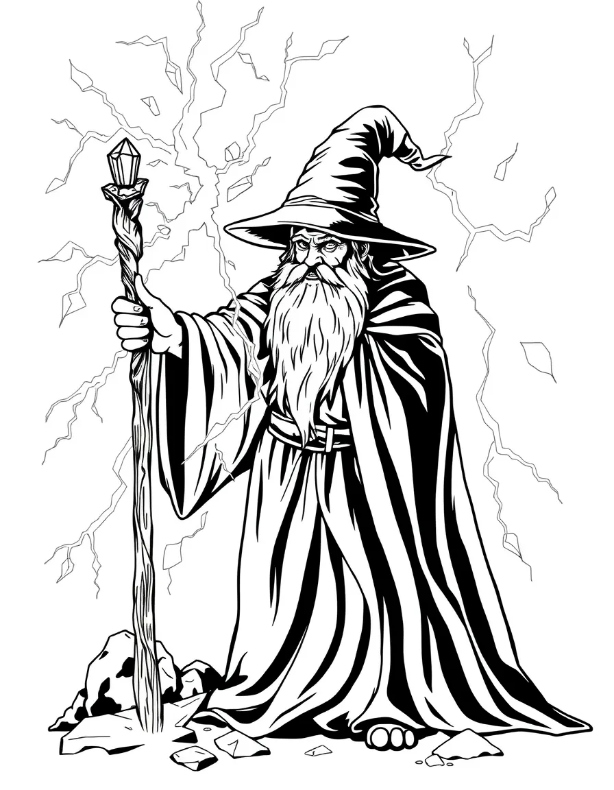 A wizard using a staff to direct lightning into special crystal collectors