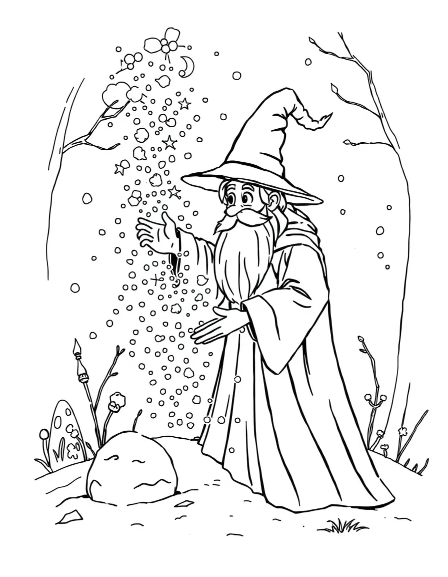 A wizard creating a localized snowfall for children to play in during summer