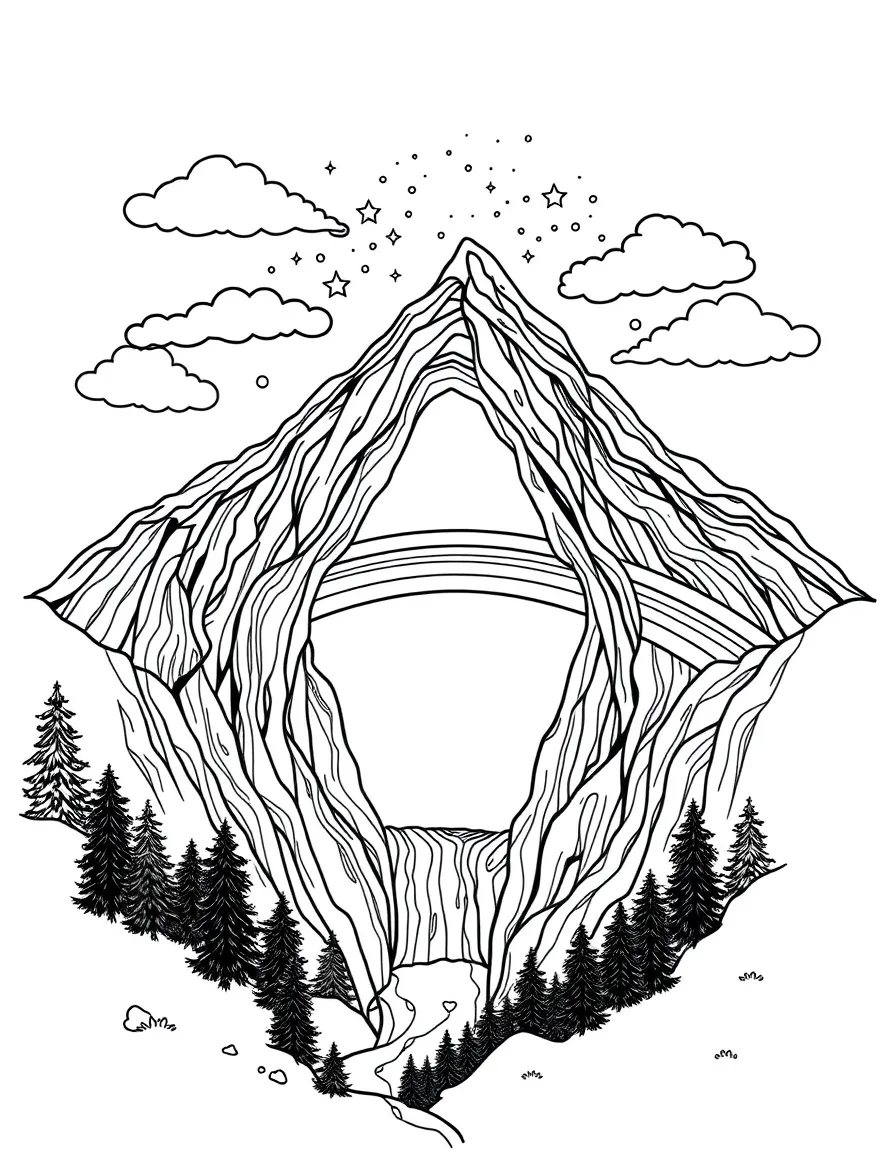 A magical rainbow bridge appearing between two mountain peaks