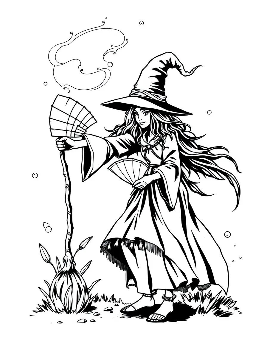 A witch wind-caller using fan dancing to create cooling breezes