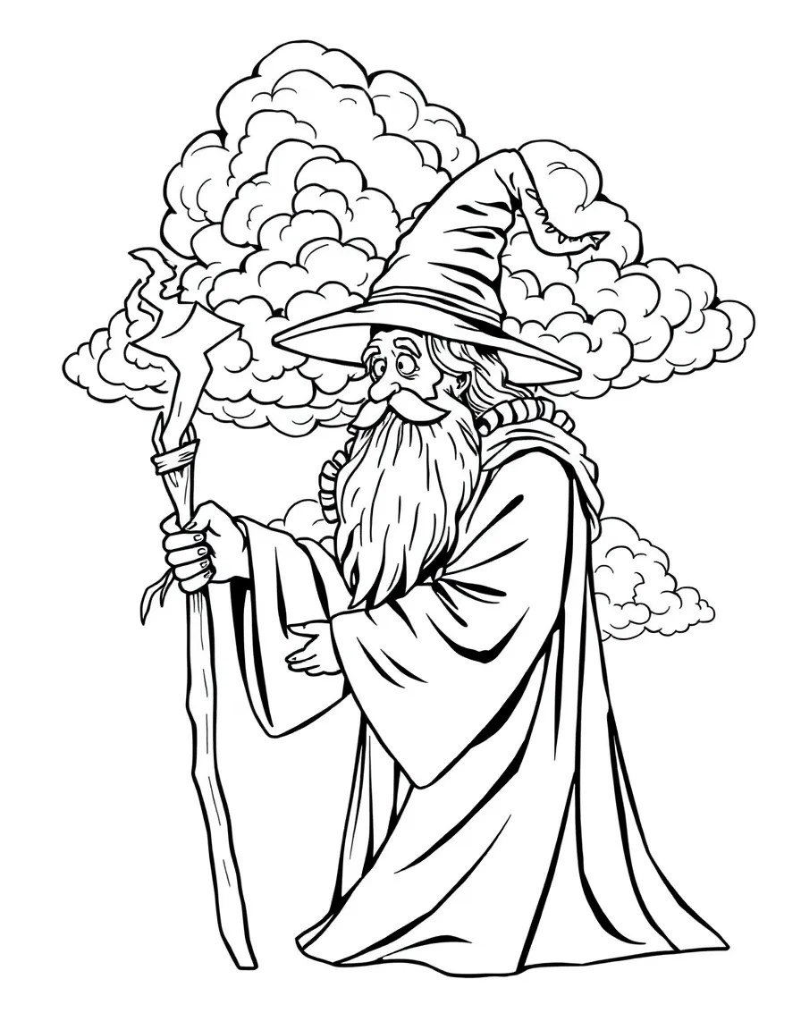 A wizard weather artist painting with clouds to create specific shapes