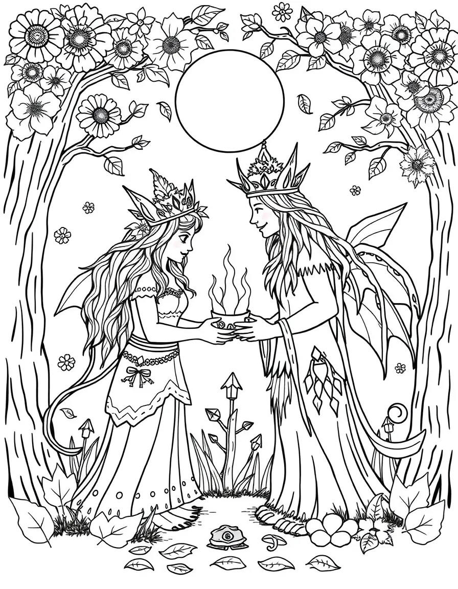 A seasonal transition ceremony with summer and autumn spirits exchanging crowns