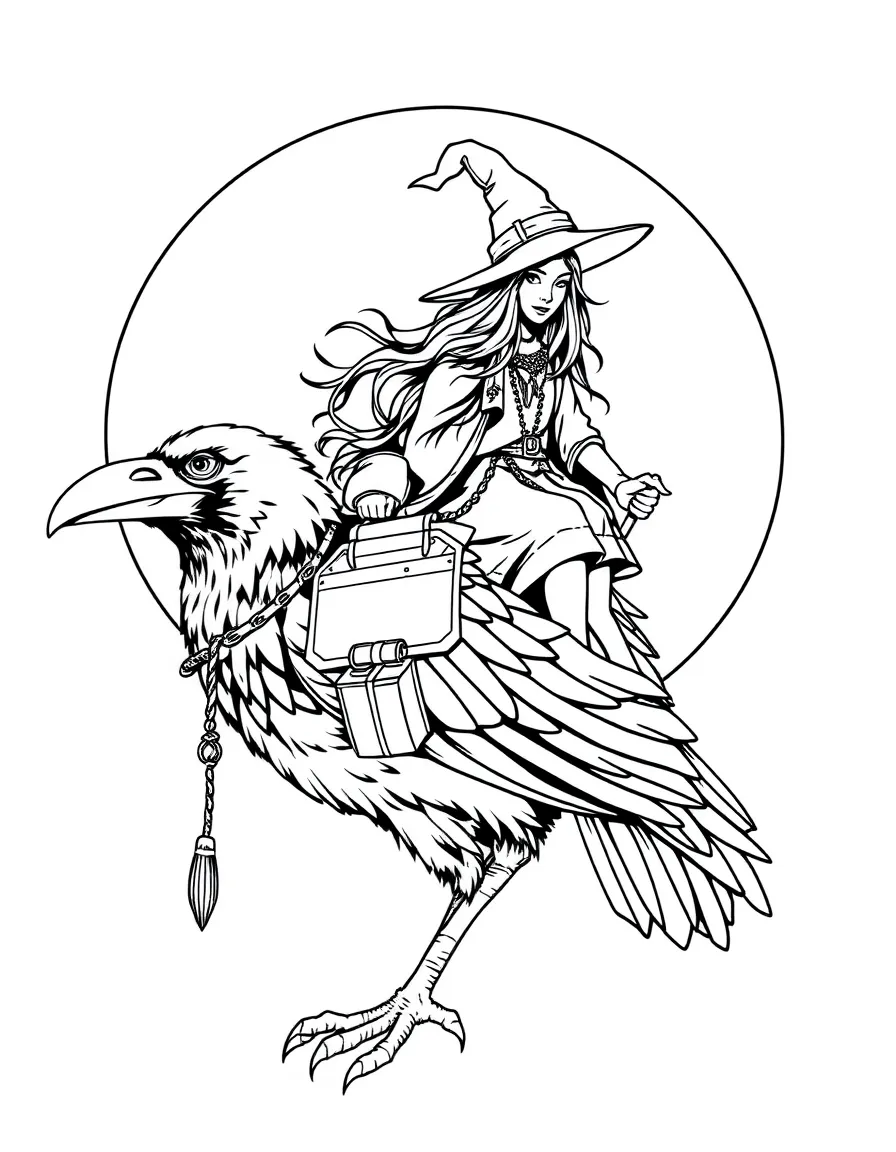 A witch riding a giant crow with saddlebags full of magical supplies