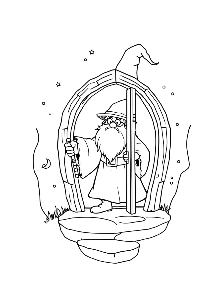 A wizard traveling via portable door that can be placed on any wall