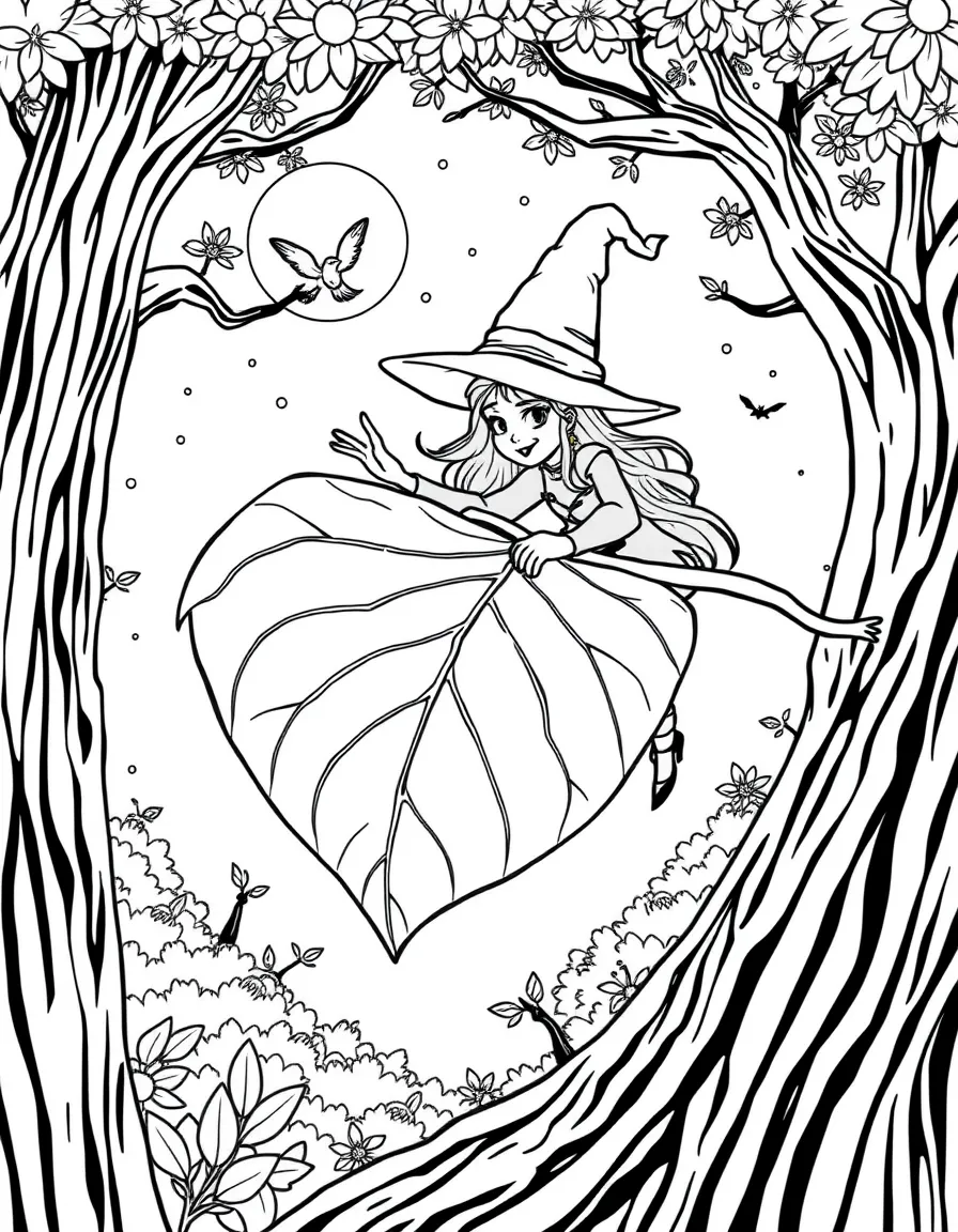 A witch using a giant leaf as a glider between treetop communities