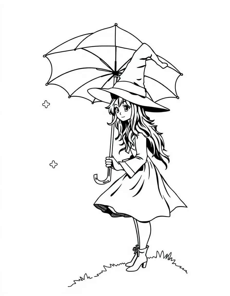A witch's umbrella that lifts her into the sky when opened
