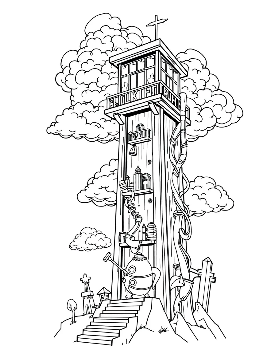 A magical elevator grown from a beanstalk connecting to cloud cities