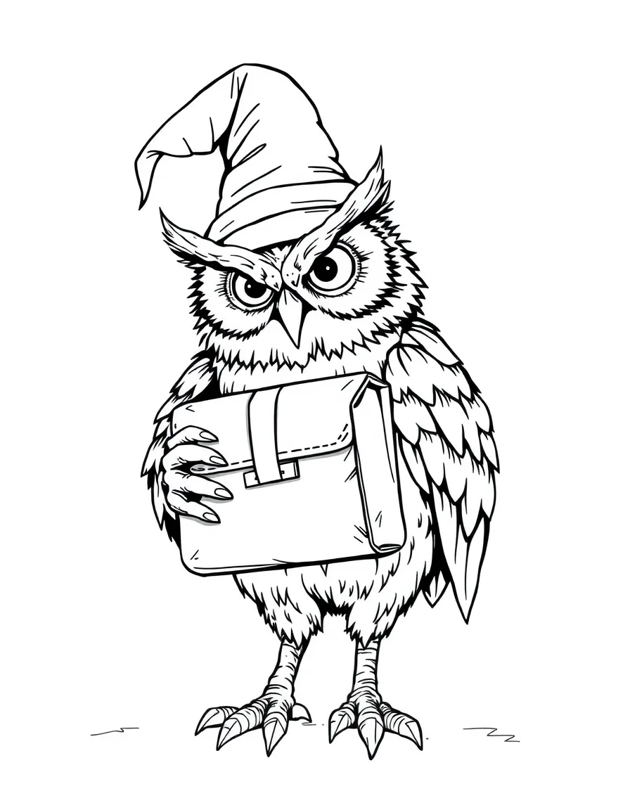 A wizard postal owl struggling with a package too large for its size