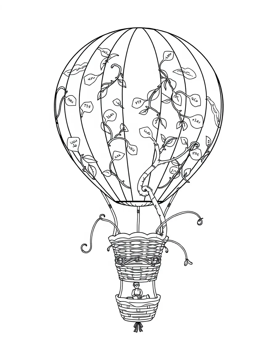 A magical hot air balloon with a basket woven from speaking vines