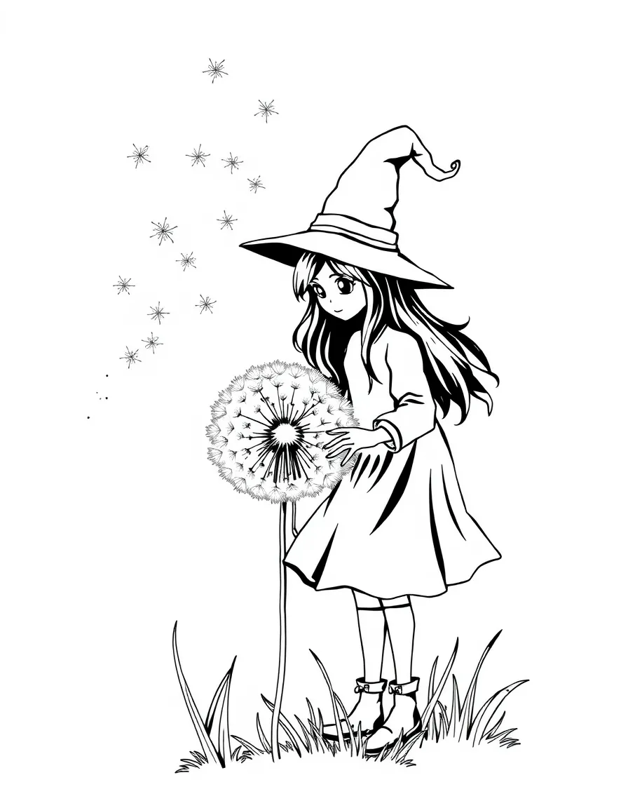 A witch using a giant dandelion seed to float gently through the air