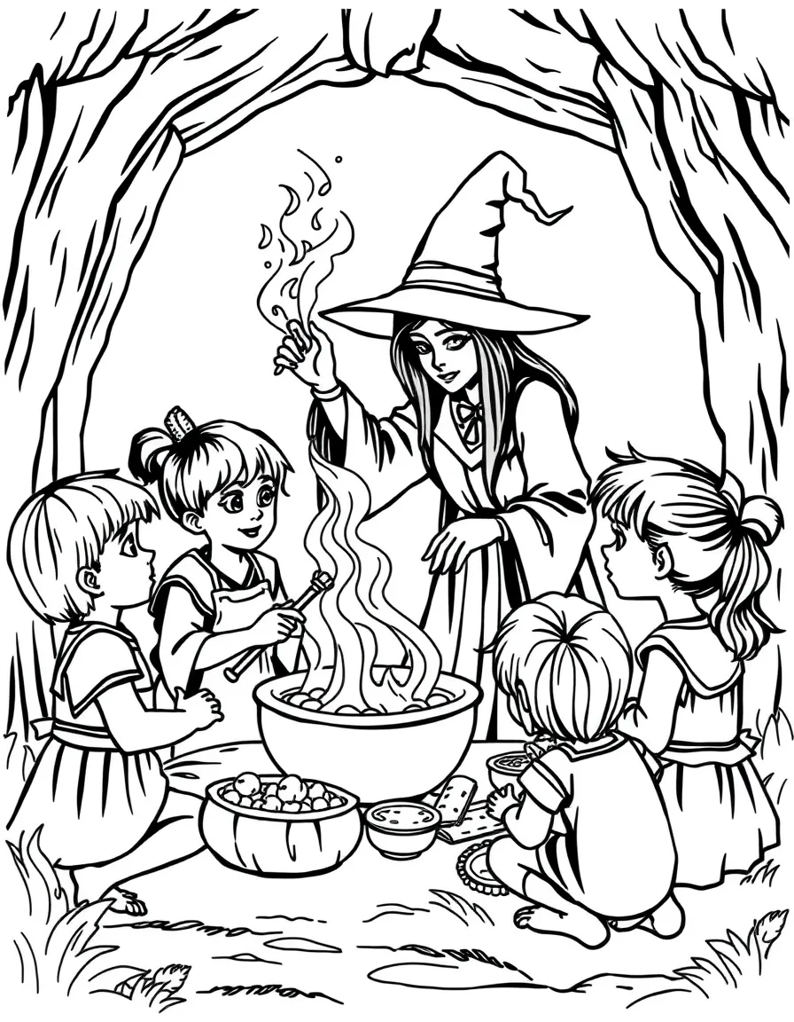 A witch teaching magical cooking techniques to village children