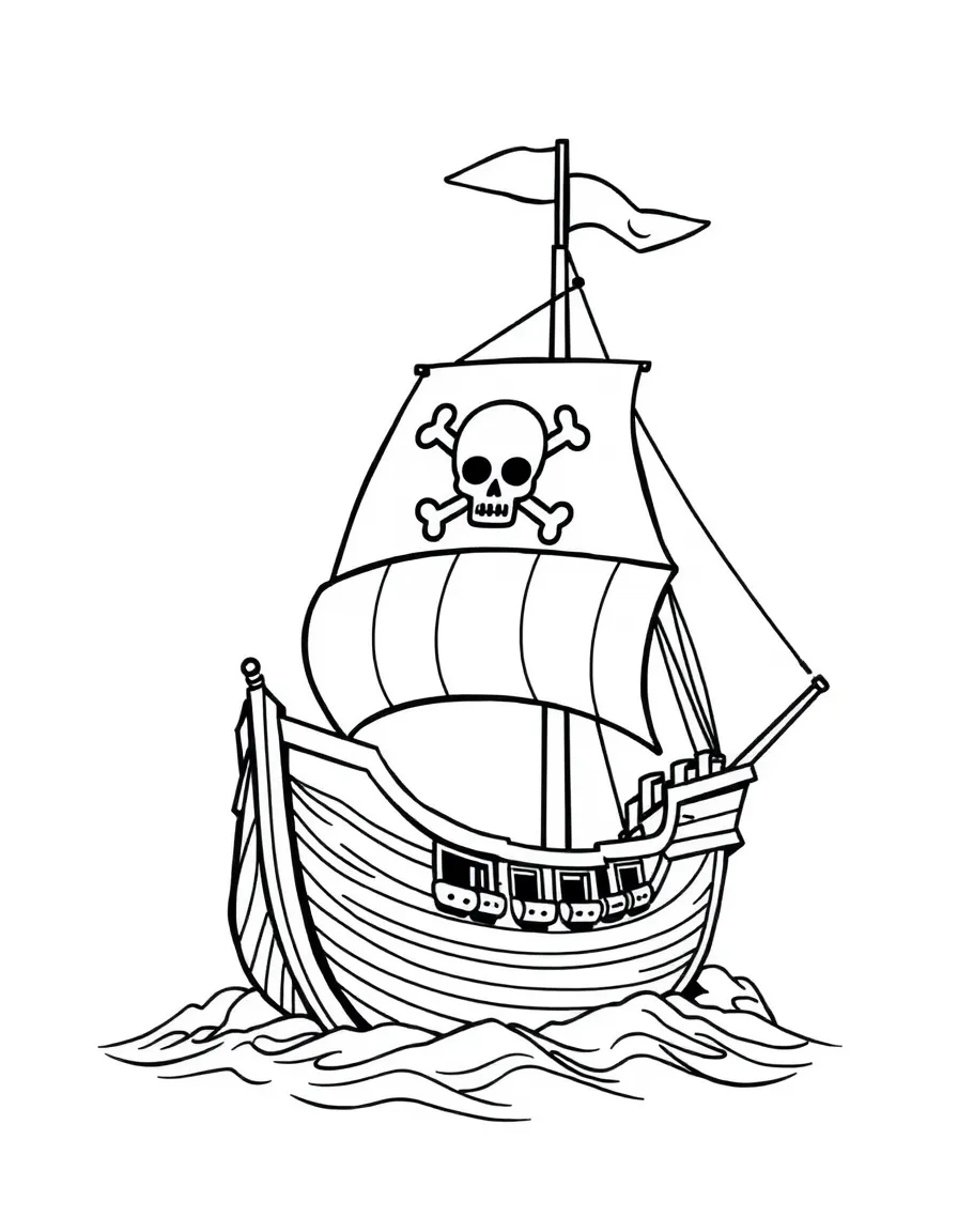 An old-fashioned pirate ship with skull and crossbones flag