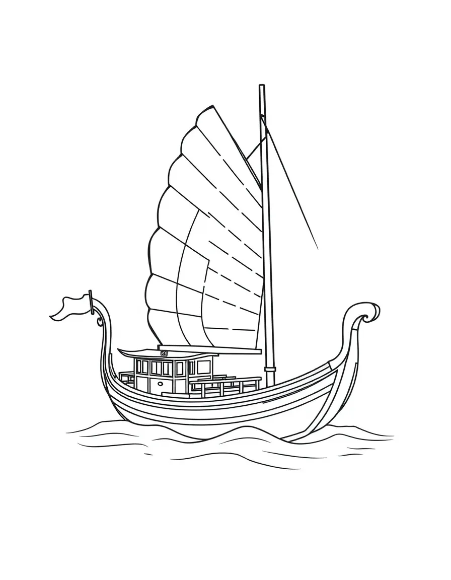 A traditional Chinese junk boat with distinctive fan-shaped sails