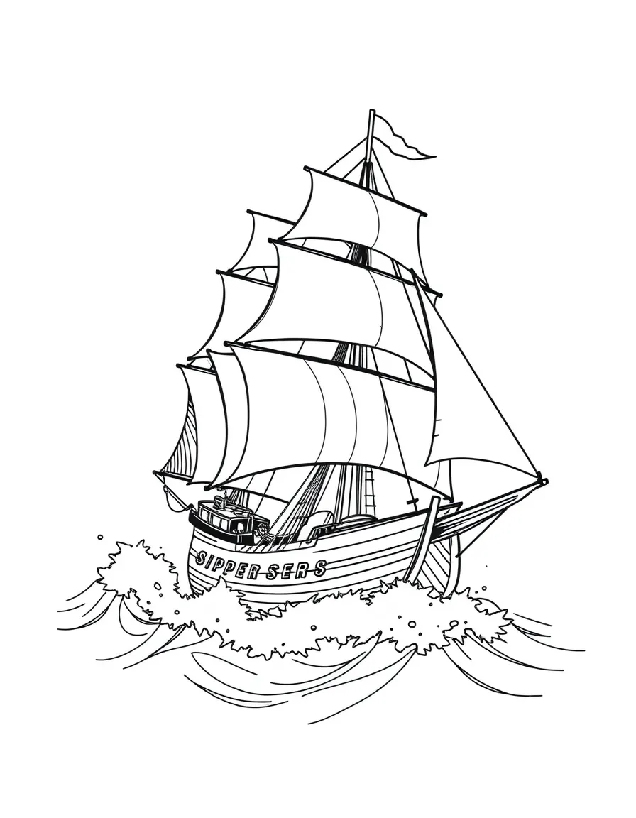 A clipper ship racing through waves with all sails unfurled