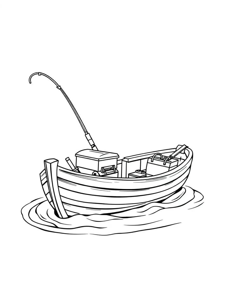 A small wooden fishing skiff with fishing poles and tackle box