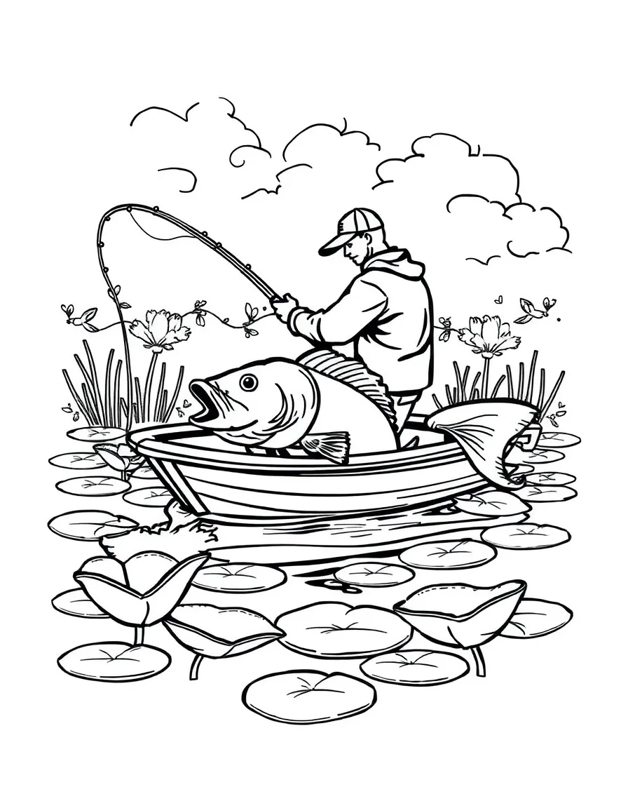 A bass fishing boat with angler casting into lily pads
