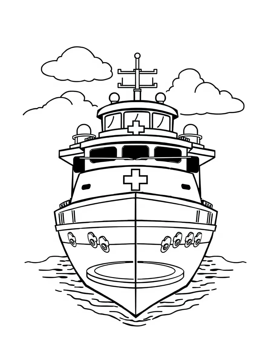 A hospital ship with medical symbols and helicopter landing pad