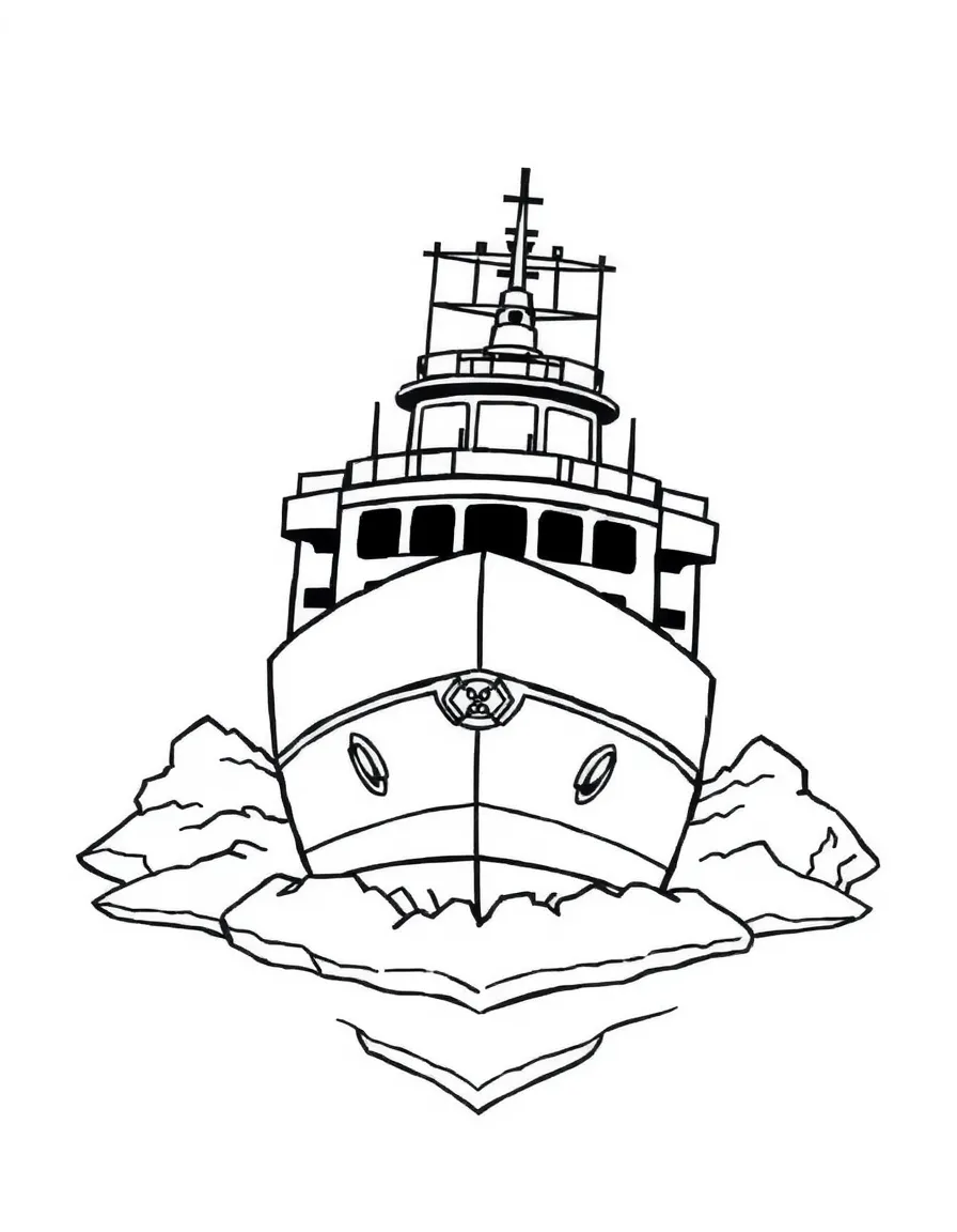 An icebreaker ship with reinforced bow cutting through ice