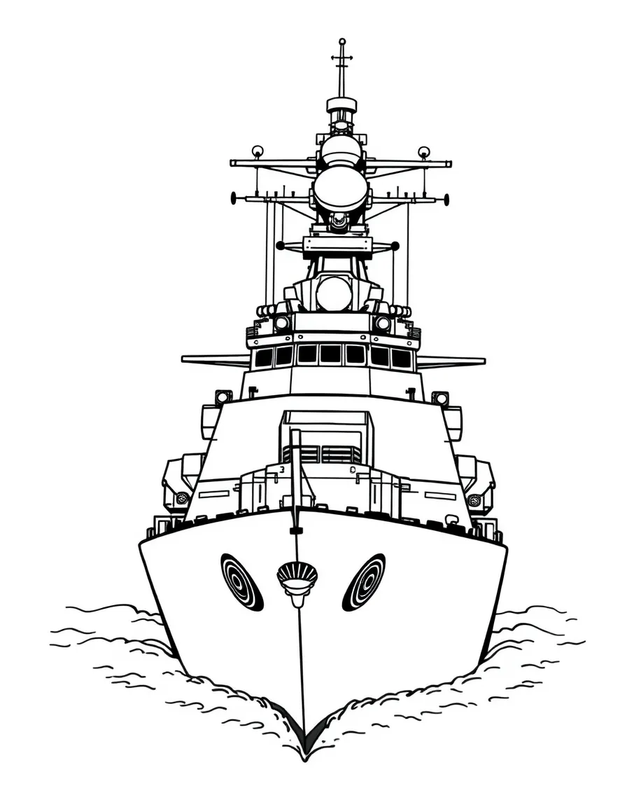 A destroyer with radar equipment and missile launchers