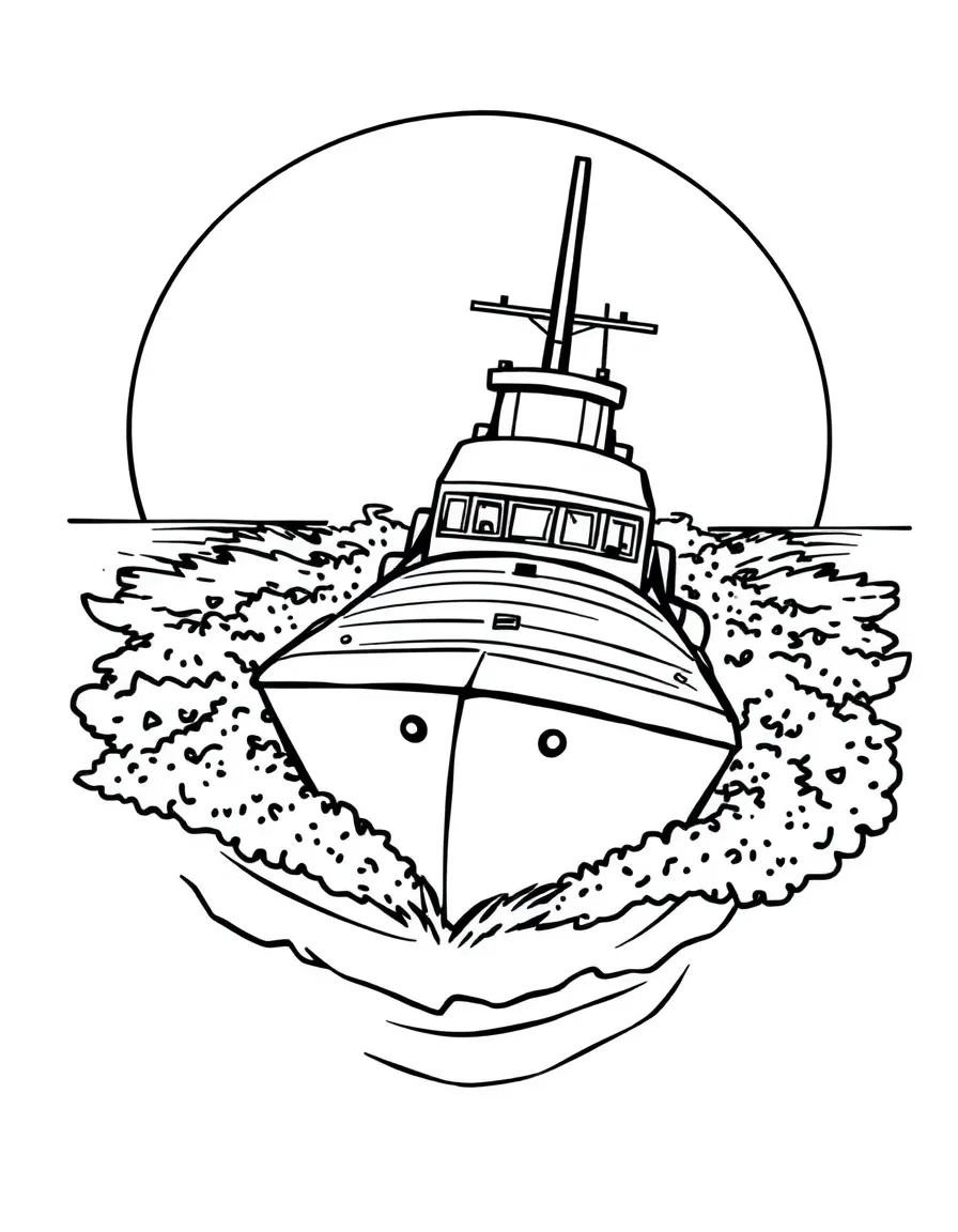 A torpedo boat speeding across the water