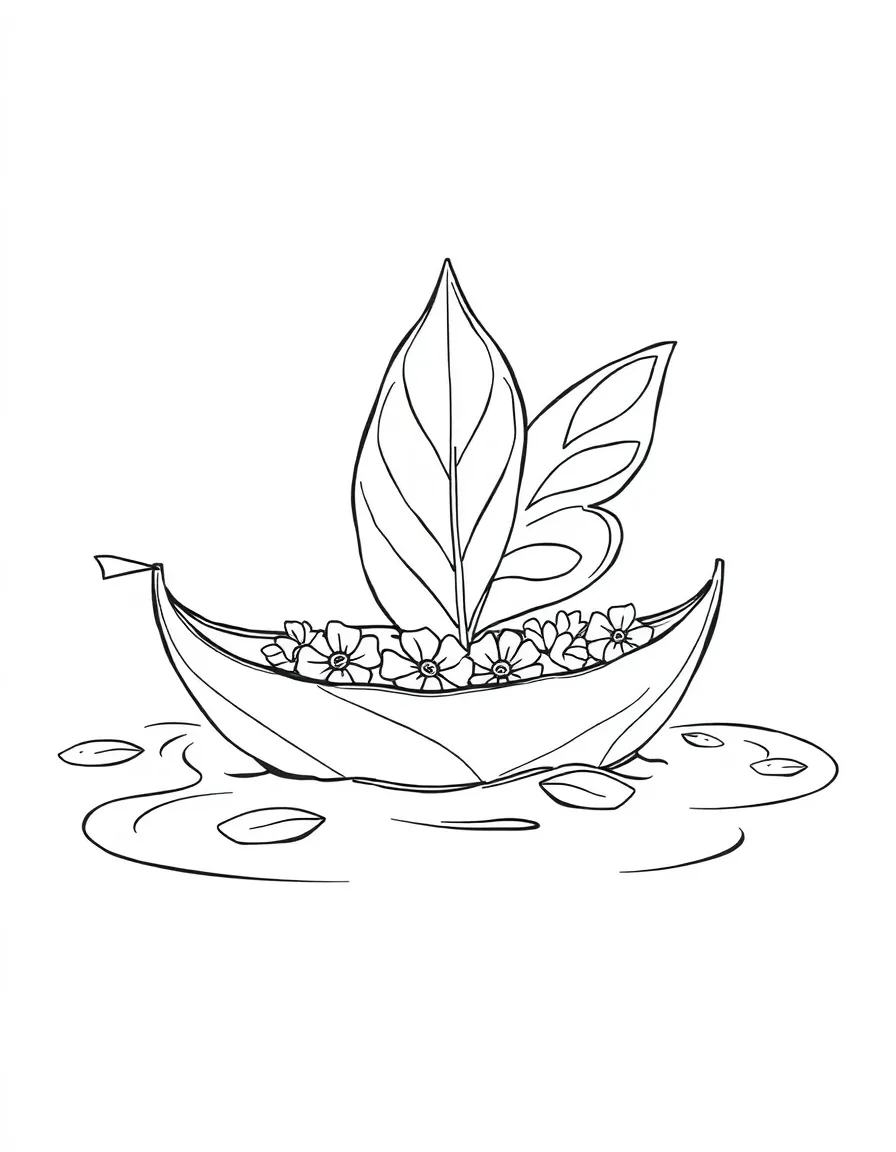 A fairy boat made from a large leaf and flower petals