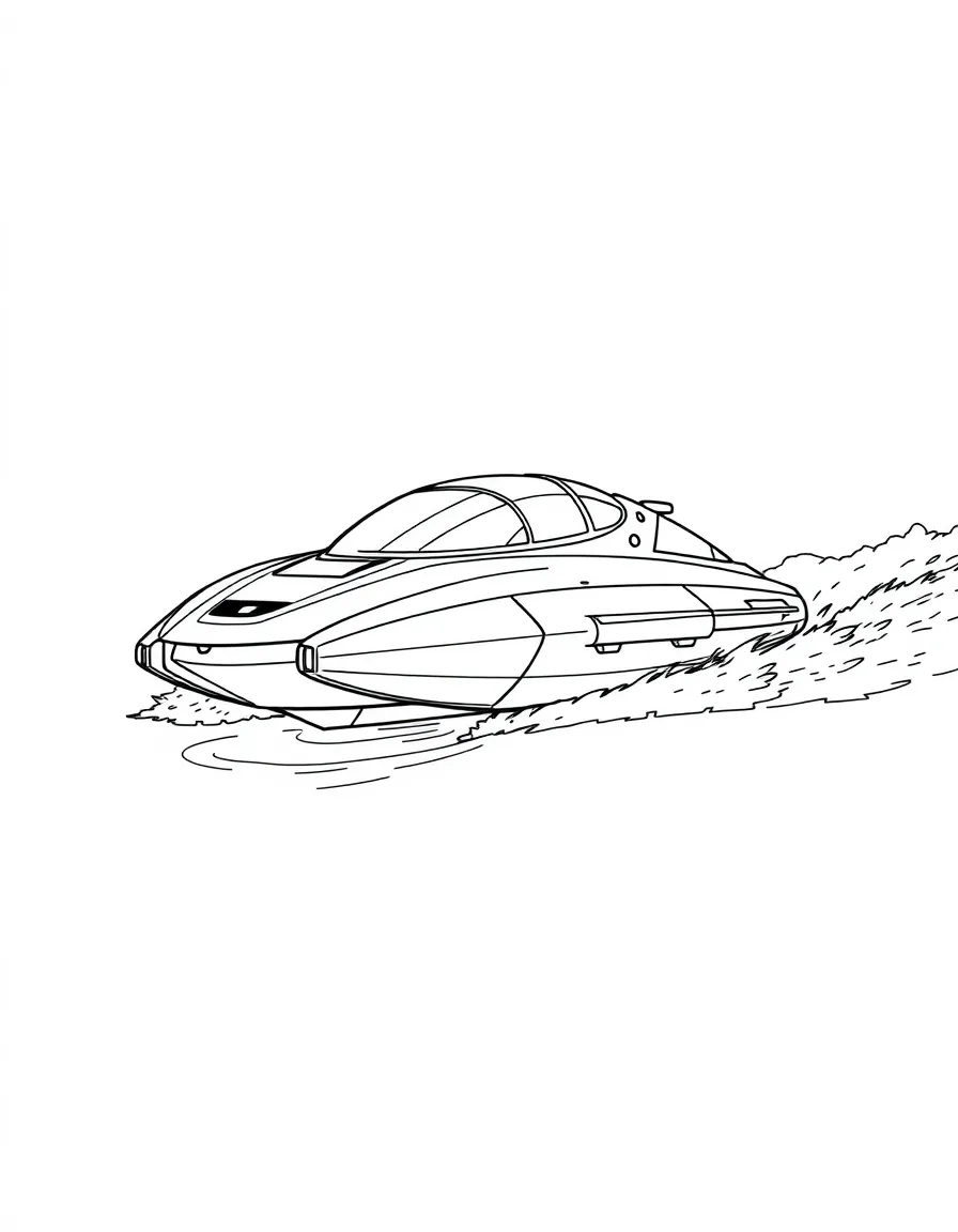 A futuristic hover-boat skimming above the water