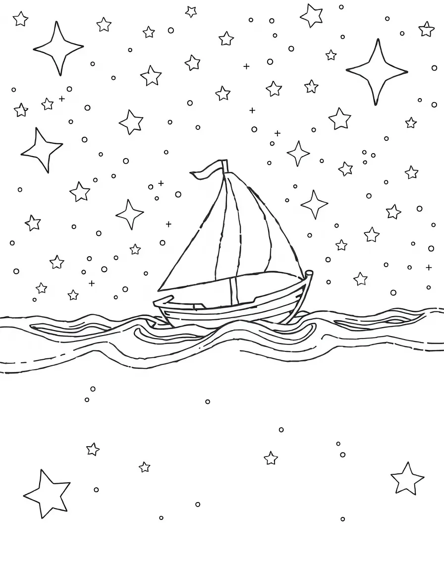 A boat sailing through stars in a cosmic ocean