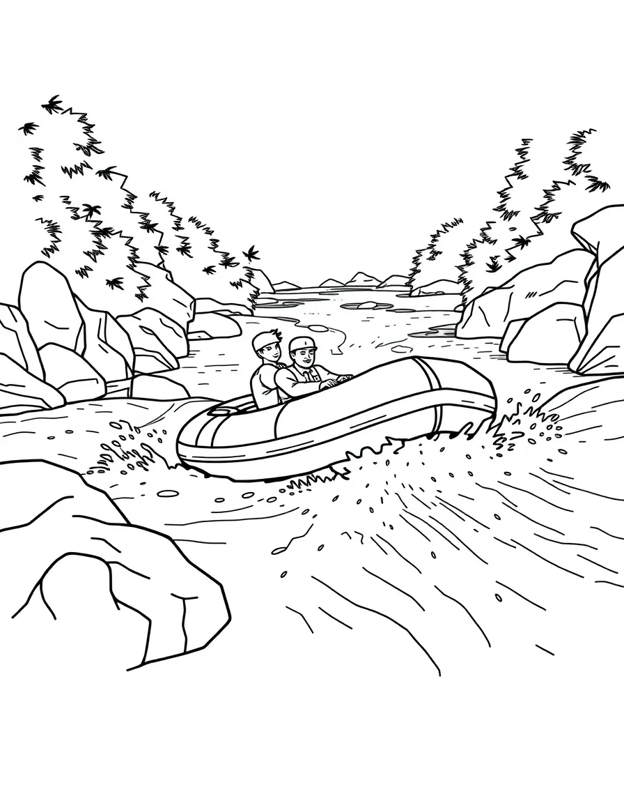 An inflatable river raft navigating white water rapids