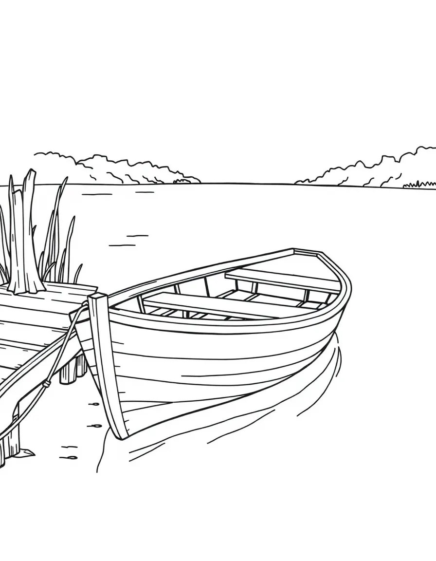 A classic rowboat tied to a lakeside dock